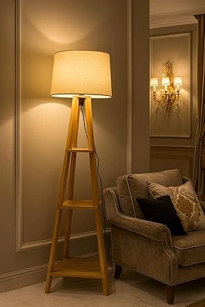 Wooden Floor Lamp with Storage Shelves, Natural Wood Finish, White Fabric Shade, Tripod Stand, Contemporary Style, LED Ambient Lighting for Living Room